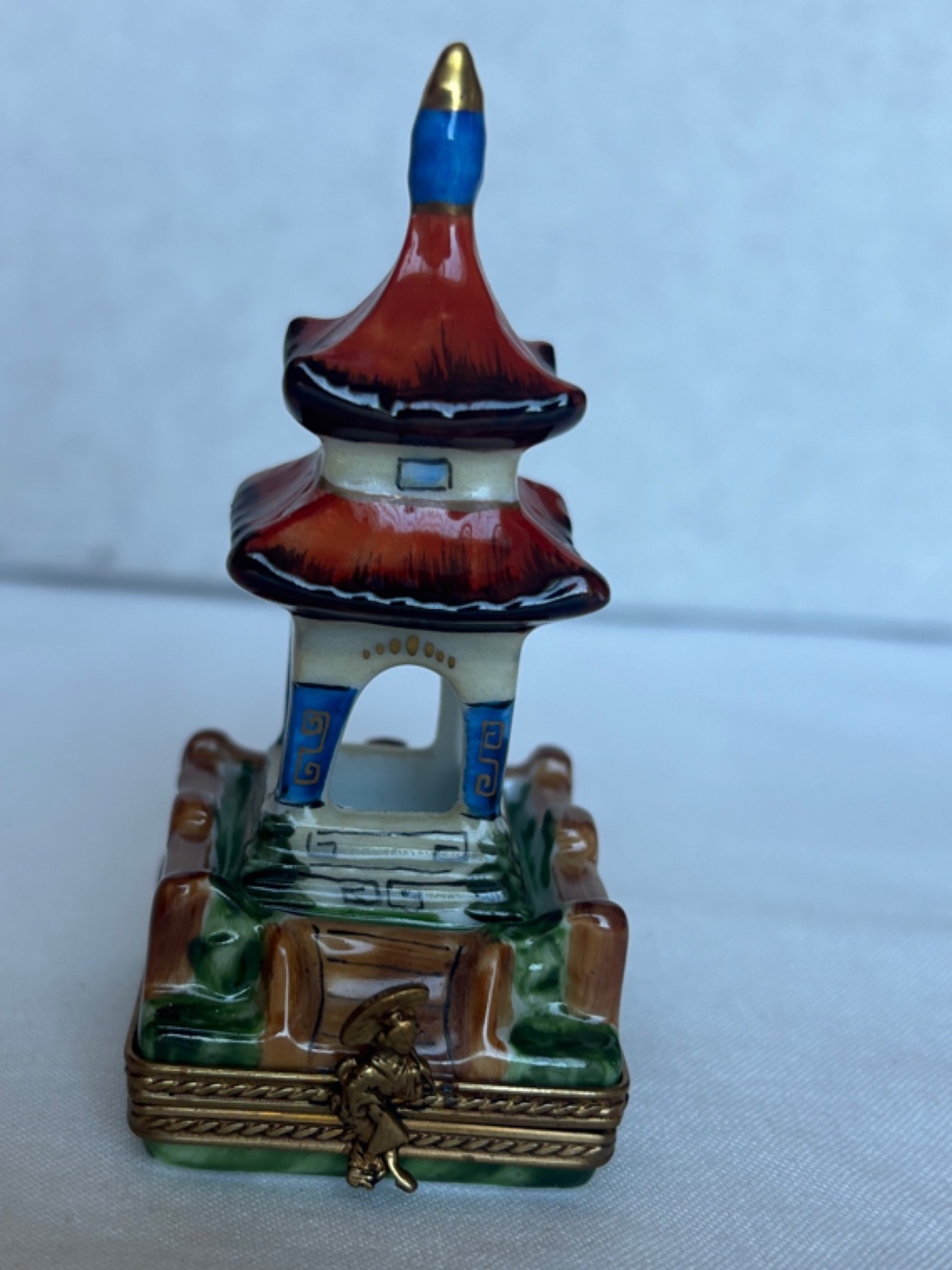Limoges Hand-Painted Ceramic Pagoda in Red, Blue, Green, Gold